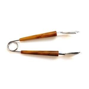 Vintage Bakelite Brown Butterscotch Marbled Small Ice Bucket Tongs Barware